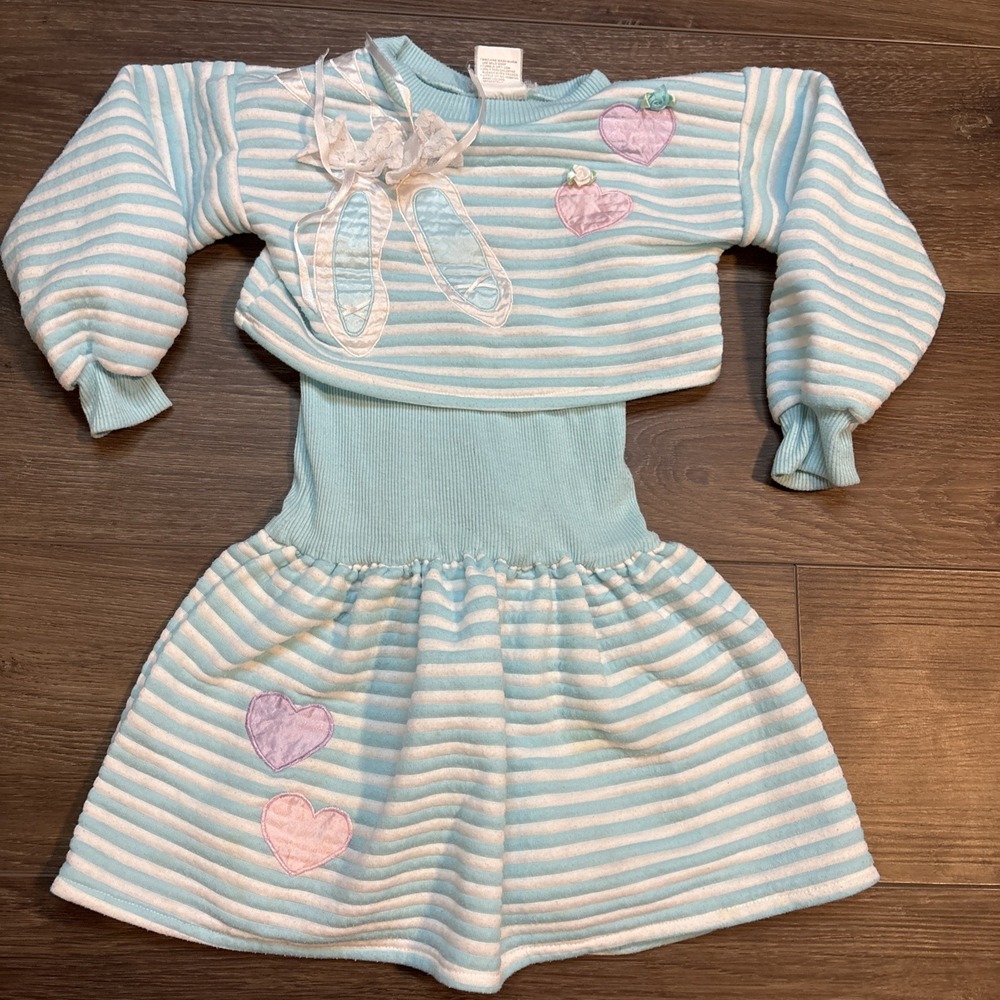 Vintage Wear Me Blue Drop Waist Striped Ballet Girls Frock Dress Sz 5 90's